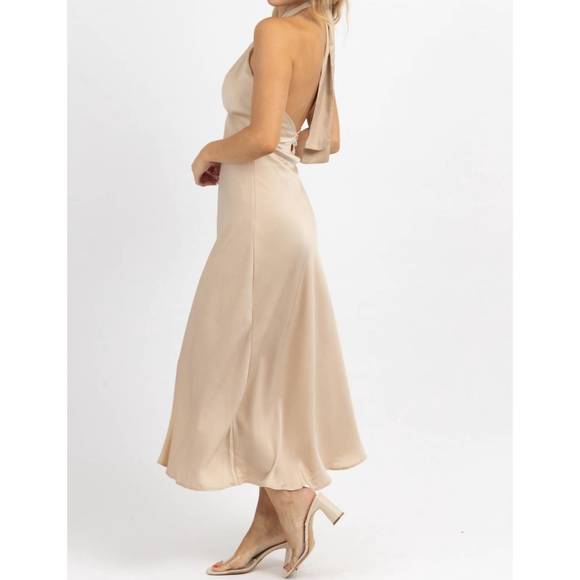 NEW LE LIS halter tie satin midi dress in champagne - Picture 5 of 6